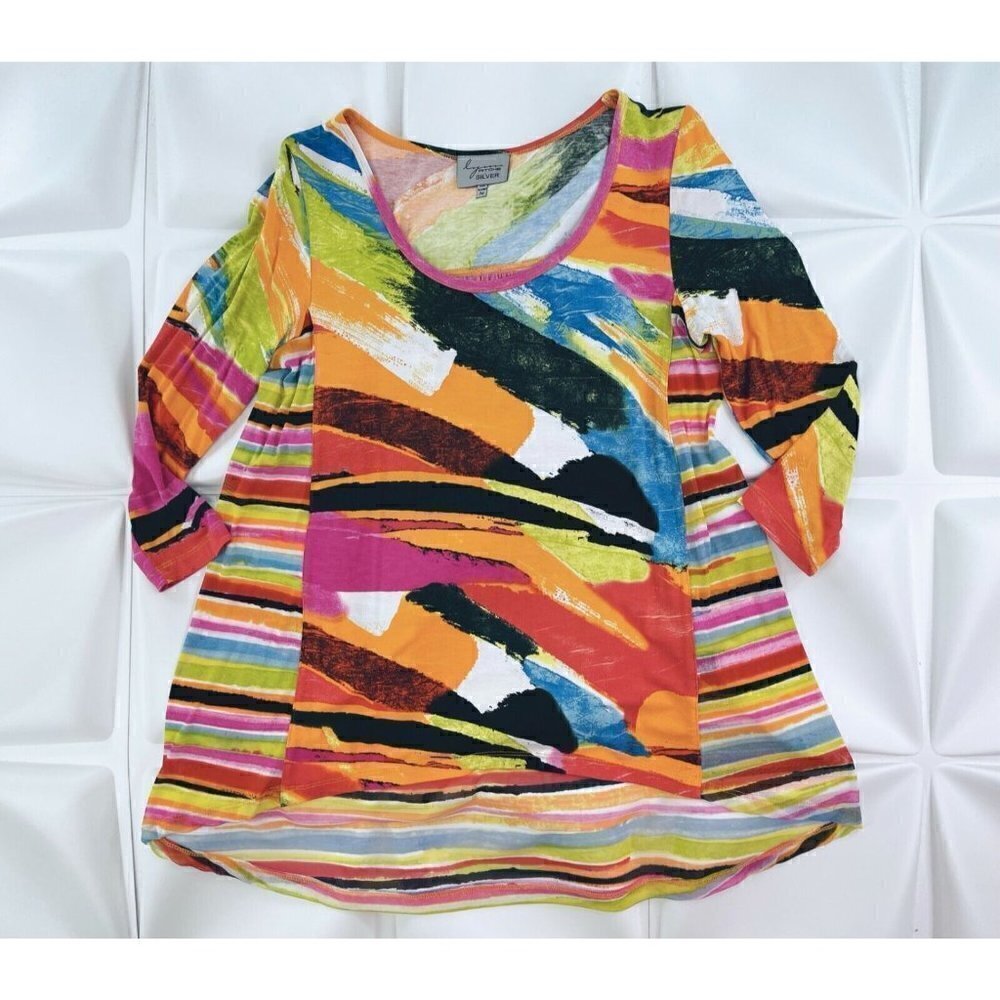 Lynne Ritchie Sz M Rainbow Stripe Tunic Blouse Top Mesh Back Colorful Womens
